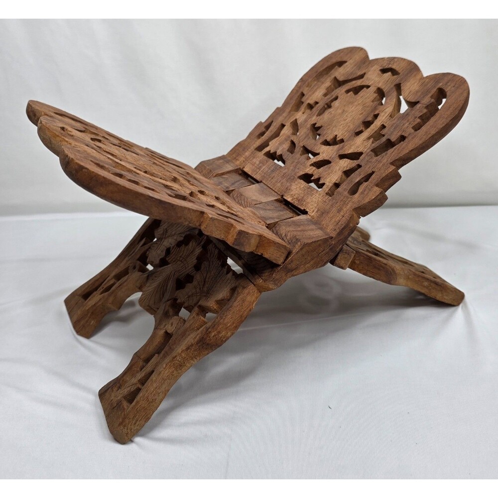 Vintage Hand Carved Wood Folding Book Stand | Rehal Holder | Made in India